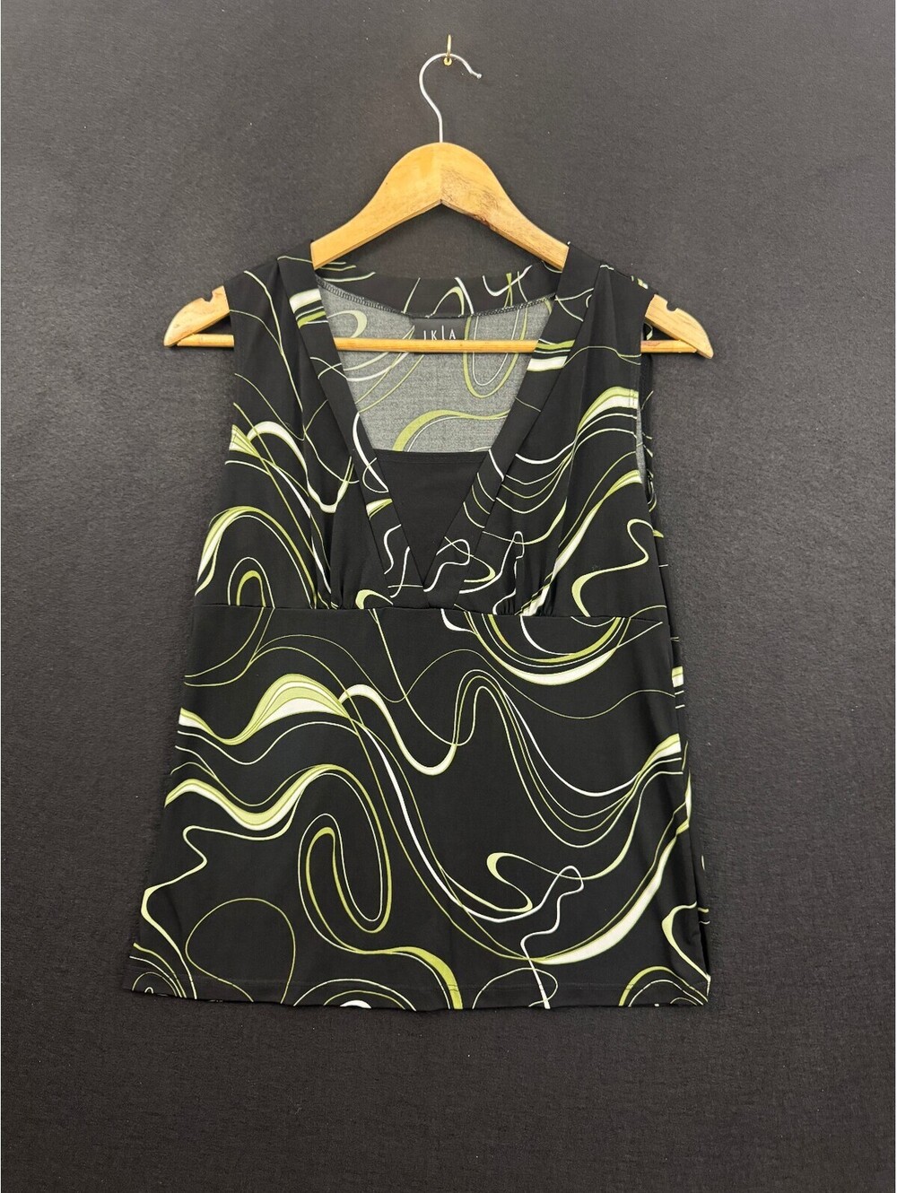 JKLA Black Sleeveless Top with Abstract Green and White Swirl Pattern - Medium